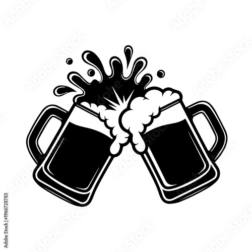 Stylized monochrome icon of two frothy beer mugs clinking together in a joyous toast, symbolizing celebration and good times