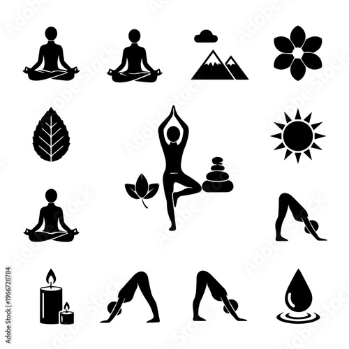 Diverse collection of wellness and mindfulness icons for yoga, meditation, and nature-inspired relaxation practices