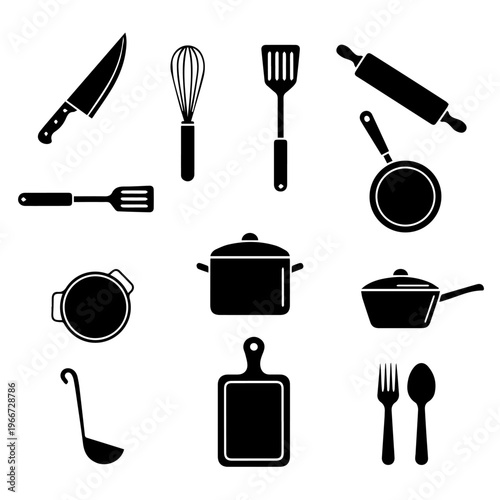 Kitchenware and cooking utensils silhouetted against a white background