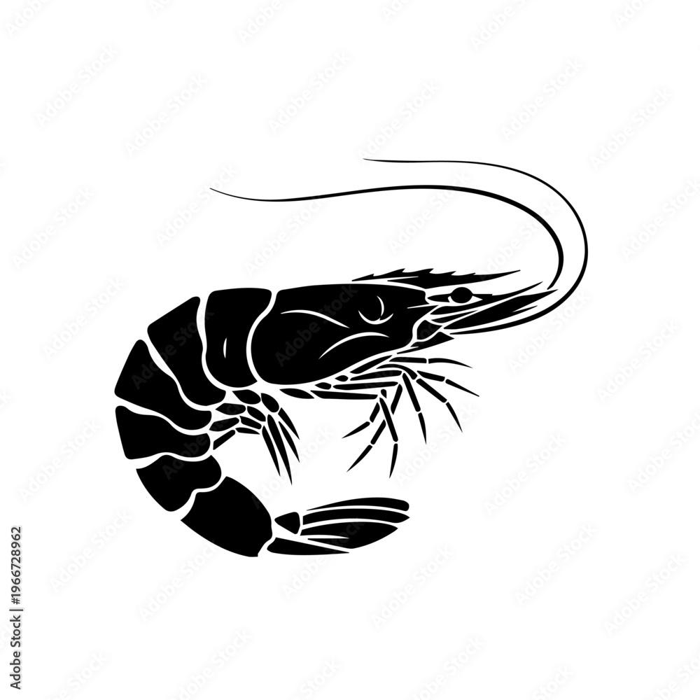 Fototapeta premium Minimalist black silhouette illustration of a shrimp, ideal for seafood menus and ocean-themed designs