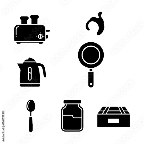 Diverse kitchen essentials and breakfast food items represented as clean, minimalist silhouette vector icons