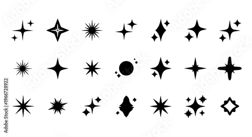 Diverse collection of decorative sparkle and star icons, vector graphic elements