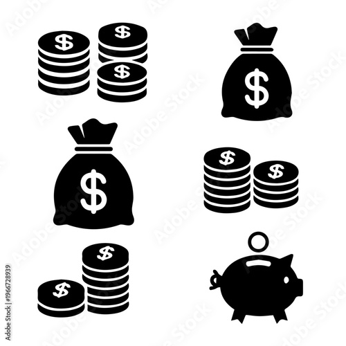 A collection of simple black icons representing money, savings, and finance concepts