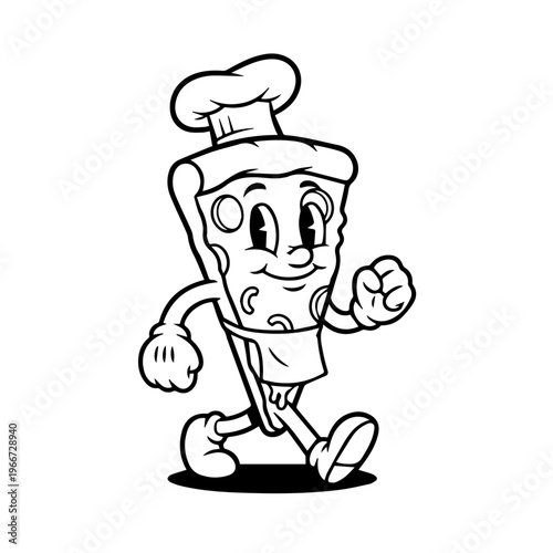 Bild auf Leinwand Whimsical Cartoon Pizza Slice Chef Walking with a Happy Expression - Retro Masco