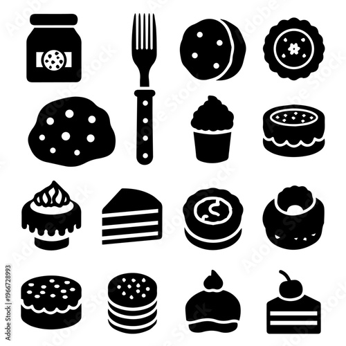 Collection of Delicious Dessert and Sweet Treat Glyph Icons for Baking and Confectionery Designs