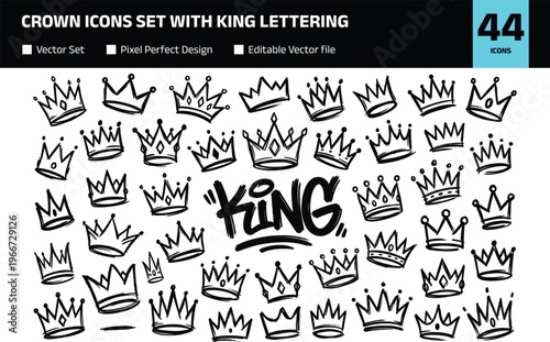 Crown icons set with king lettering, hand drawn royal crowns collection, doodle style vector illustration for monarchy, luxury branding and design