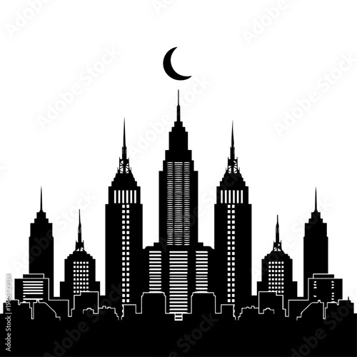 Stunning silhouette of a modern city skyline at night, crowned by a celestial crescent moon, evoking urban tranquility and nocturnal beauty