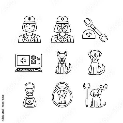 Set of linear icons for veterinary clinic and pet health care