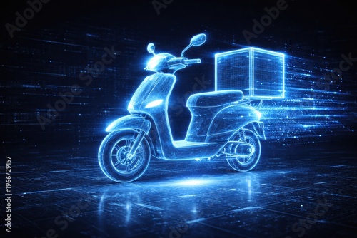 Digital delivery scooter loading center concept with van and automobile transportation in glowing blue light effect