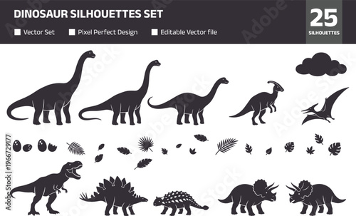 Dinosaur silhouettes set, prehistoric animals collection, T rex, triceratops, stegosaurus, brachiosaurus and pterodactyl vector icons with fossils and leaves for education design