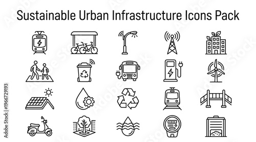 Collection of essential black outline vector icons representing diverse sustainable urban infrastructure concepts and green technology.