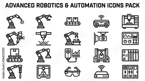 A versatile set of black line icons representing modern industrial robotics, automation systems, smart manufacturing, and digital factory concepts.