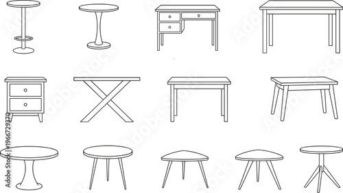 Furniture line icons set featuring tables, stools, and desks in simple black outline style, minimal vector collection for interior design, home decor, and catalog use