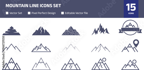 Mountain line icons set, minimalist peaks, hiking and landscape outline symbols, outdoor adventure vector collection for travel, tourism and nature design