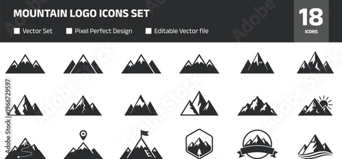 Mountain logo icons set, adventure badges, hiking peaks and outdoor landscape symbols vector collection for travel, tourism and nature branding design