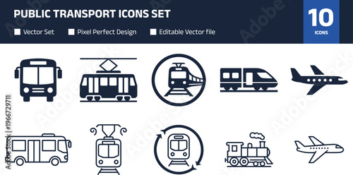 Public transport icons set, bus, train, tram, subway and airplane symbols, transportation vector collection for travel, transit, logistics and mobility design