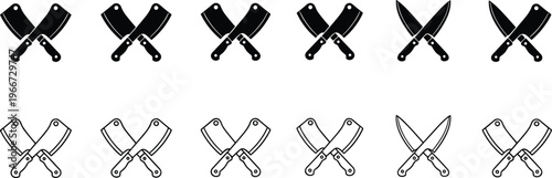 Crossed axes icon set featuring black silhouette tools and outline variations, vector collection for lumberjack, forestry, woodworking, outdoor, and industrial design projects