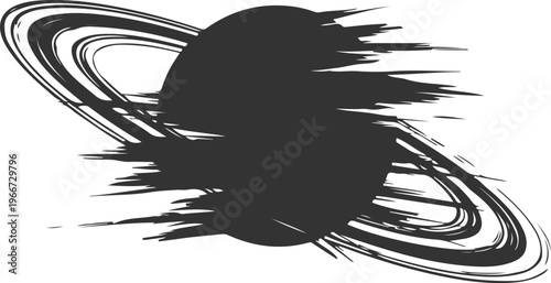 Grungy planet silhouette with brush stroke texture and motion blur effect representing rapid cosmic movement