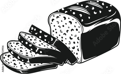 Loaf of sliced dark bread with seeds and cereal grains icon for bakery menu and healthy breakfast illustrations