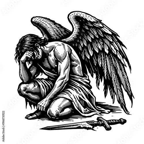 A poignant black and white woodcut depicts a powerful yet heartbroken winged warrior, head in hand, kneeling beside his discarded sword, embodying profound sorrow, defeat, and existential contemplatio