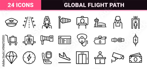 Minimalist Monoline Aviation and Airport Logistics Line Art Set featuring geometric outlines for travel planning and navigation interfaces.
