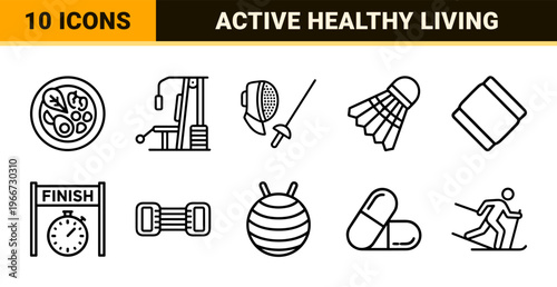 Fitness and Athletic Sports Equipment Line Art featuring Minimalist Monoline Symbols for Gym, Wellness, and Professional Training Gear.