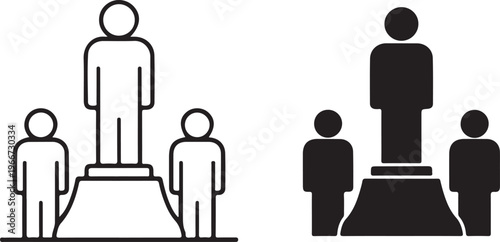 Person standing on pedestal with two people on sides representing leadership and achievement in outline and solid