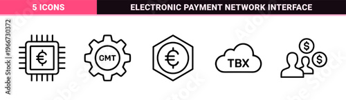 Fintech and Digital Banking Icon Set Featuring Minimalist Geometric Line Art Symbols for Modern Financial Technology and Online Payments