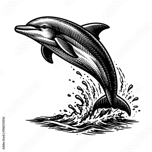 Dynamic Woodcut Engraving of a Playful Dolphin Leaping from the Ocean Waves, Black and White Vintage Marine Art Illustration, Graceful Aquatic Mammal Splashing in the Sea, Perfect for Nature and Wildl