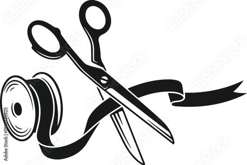 Scissors cutting ribbon from spool in black silhouette on transparent background, grand opening symbol