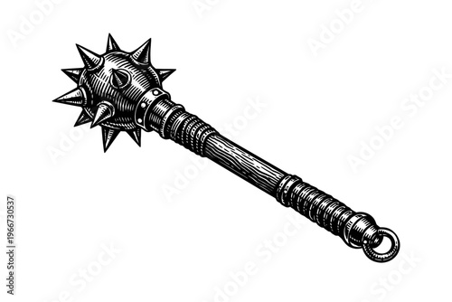 Vintage Engraved Medieval Morning Star Mace Illustration: A Detailed Hand-Drawn Black and White Woodcut Style Graphic of a Spiked Bludgeon Weapon for Historical, Fantasy, and War-Themed Designs, Perfe