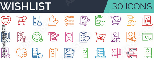 Modern Outline Icons Collection Representing Wishlist, Favorites, and Online Shopping Concepts for Web and Mobile Interfaces
