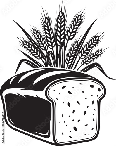 Sliced whole grain bread loaf with wheat stalks illustration for bakery shop branding and organic food labels