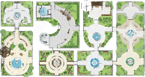 Tableau sur toile Landscape architecture plan set, overhead garden design with fountains and walkw