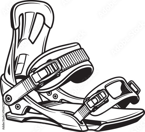 Snowboard binding with straps and buckles in detailed black and white illustration