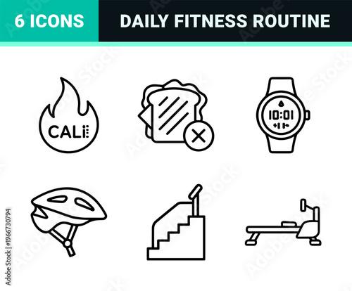Wellness and Fitness Tracking Thin Line Art for UI Design, Minimalist Monoline Geometric Health and Gym Equipment Vector Outline Grid.