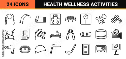 Fitness and Gym Equipment Minimalist Monoline Outline Symbols for Commercial Training Apps and Health Lifestyle Interface Design.