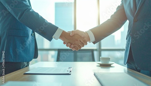 会議室で堅い握手を交わすスーツ姿の男性の手元　ビジネス、商談、契約イメージ