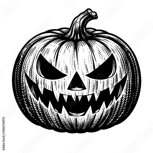 Vintage woodcut style black and white jack-o'-lantern with a terrifyingly wicked grin, triangular eyes, and jagged teeth, perfectly embodying the spooky spirit of Halloween and autumn festivities, ide