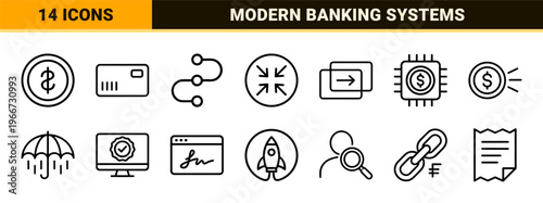 Fintech and Digital Banking Line Art. Minimalist Monoline Symbols for Online Finance, Blockchain, Cryptocurrency, and Neobank Apps.