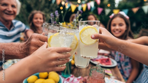 Family toasting with lemonade glasses at garden picnic. Happy group of man, woman and child cheering during outdoor summer party. Celebration, gathering and friendship concept.