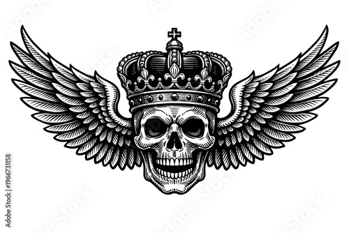 Majestic Engraved Skull with Royal Crown and Spreading Wings - A Powerful Vintage Black & White Illustration Symbolizing Immortality, Power, and Freedom for Apparel, Tattoos, & Merchandise Designs.