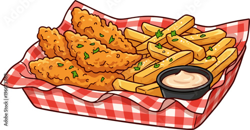 Herb-Seasoned Crispy Fried Chicken Tenders and Garlic French Fries with Creamy Dipping Sauce Served on Red Gingham Checkered Paper Liner - Fast Food Cartoon Illustration