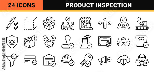 Industrial Quality Control and Manufacturing Standards Icon Set, Minimalist Monoline Geometric Line Art for Product Inspection Protocols