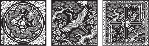 Set of Traditional Chinese Black and White Vector Borders with Dragon Crane and bamboo Patterns