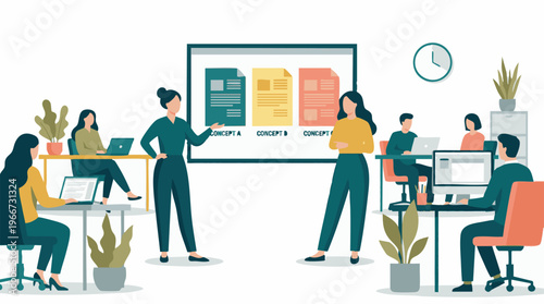 Business team meeting discussing concepts in a modern office