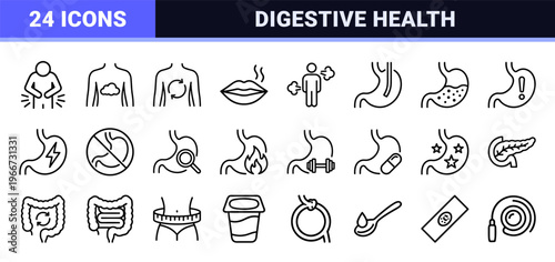 Digestive Health and Gastroenterology Monoline Icon Set, Minimalist Medical Line Art for Stomach Ache, Flatulence, and Gut Wellness