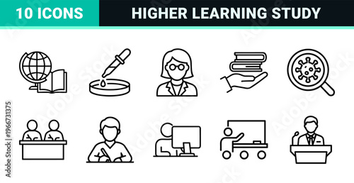 Scientific Research and Academic Education Thin Line Art. Minimalist Monoline Geometric Outlines for Laboratory and University Study.