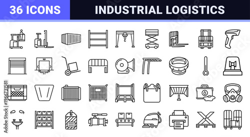 Industrial Logistics and Warehouse Machinery Outline Symbols featuring Forklifts Pallet Jacks and Safety Equipment in Minimalist Monoline Style