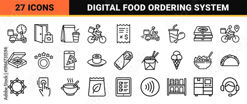 Food Delivery and Online Ordering Minimalist Monoline Geometric Line Art for Mobile App Interface and E-commerce Logistics Solutions.